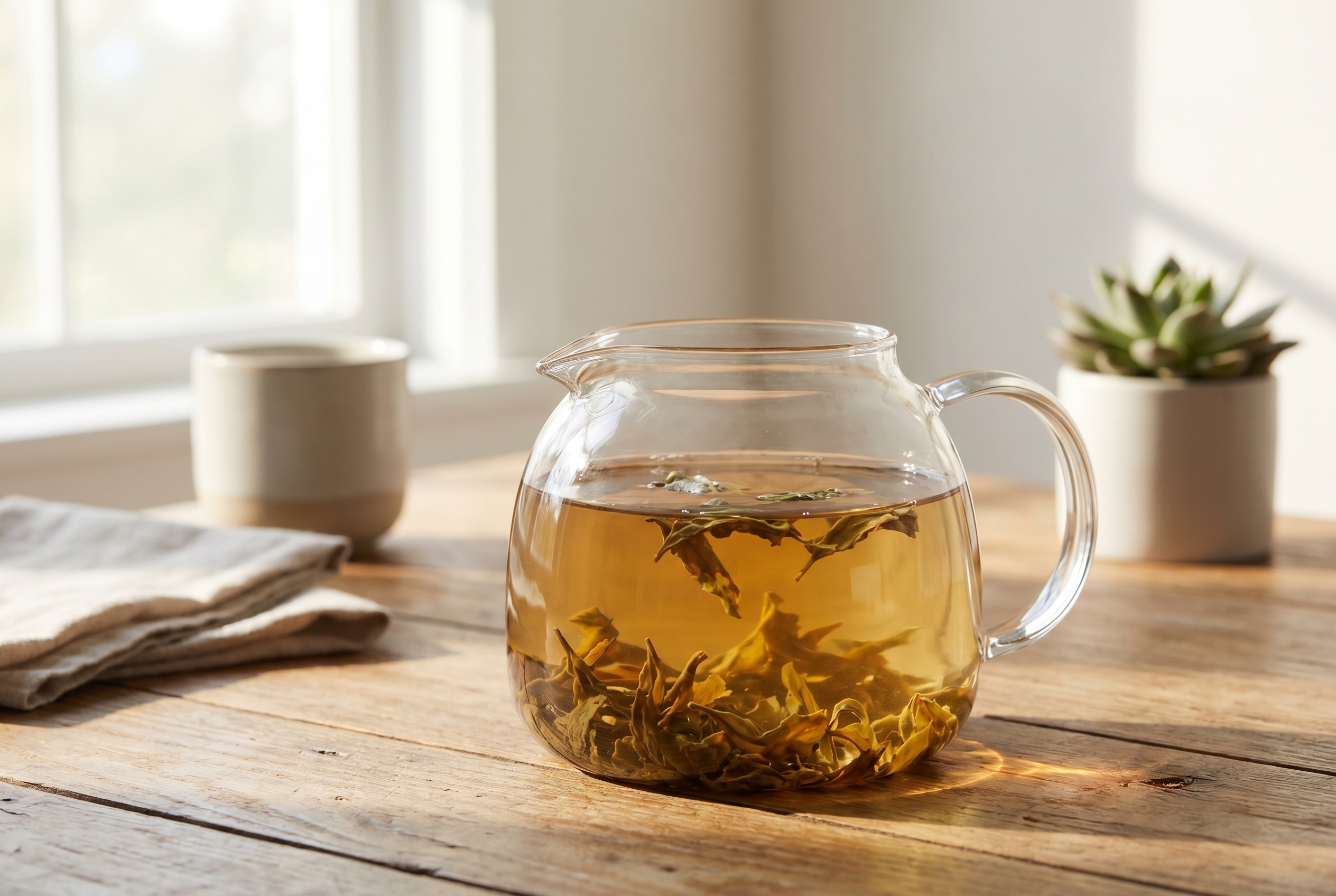 Loose-leaf tea brewing in a minimalist glass teapot with warm natural light